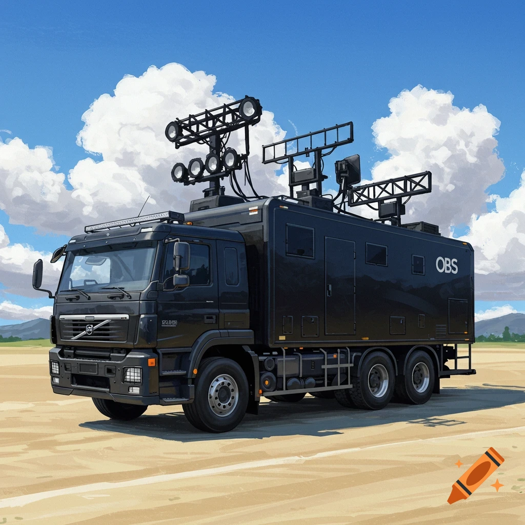 Large black broadcast truck with antennas and lights parked outdoors under a blue sky.