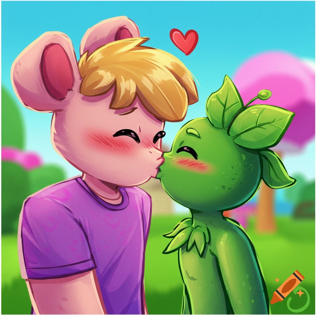 Cartoon image of a pink mouse-like character and a green plant-like character kissing outdoors.