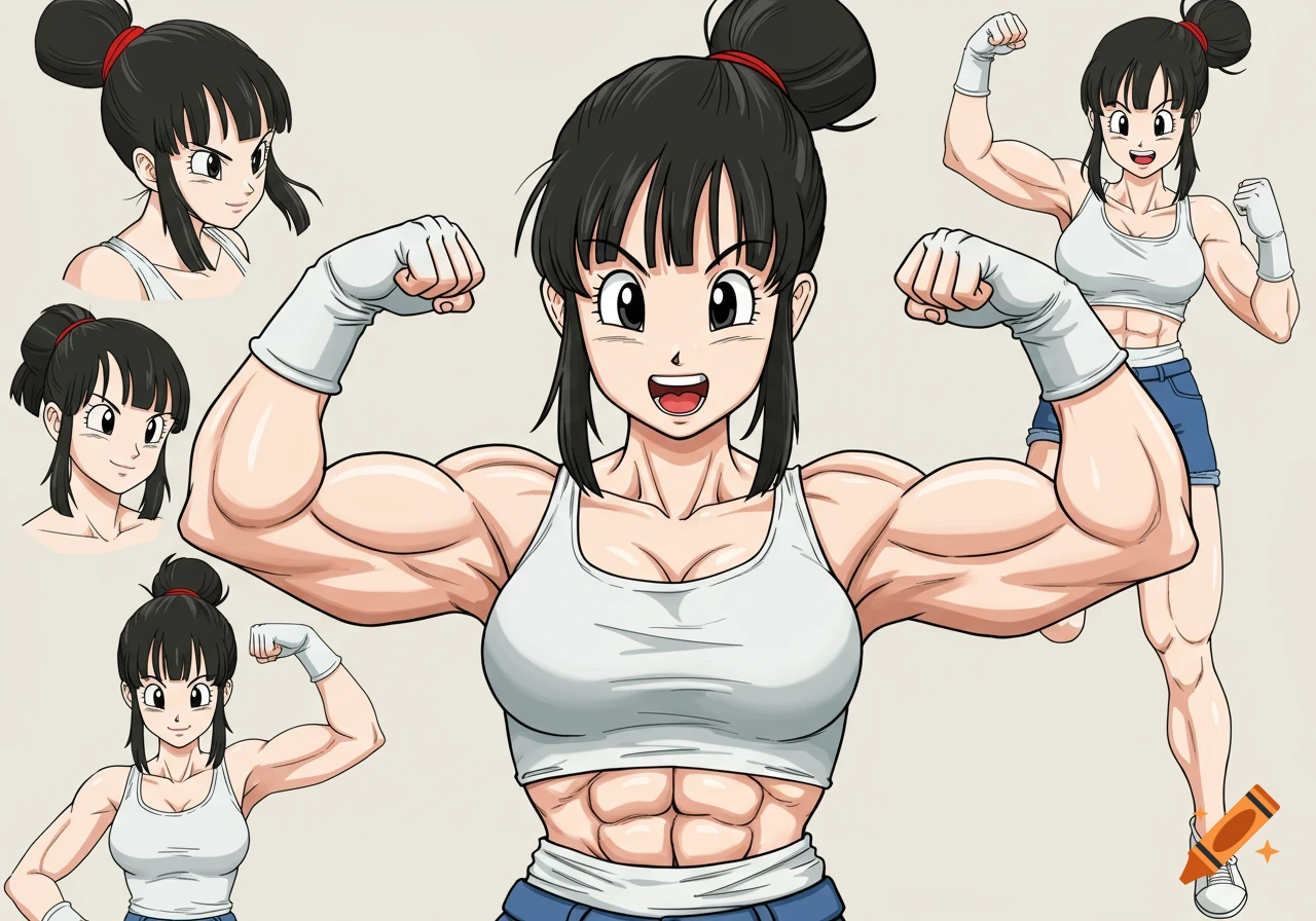 Anime character Chi Chi flexing arm muscles and showing abs in a model sheet style.