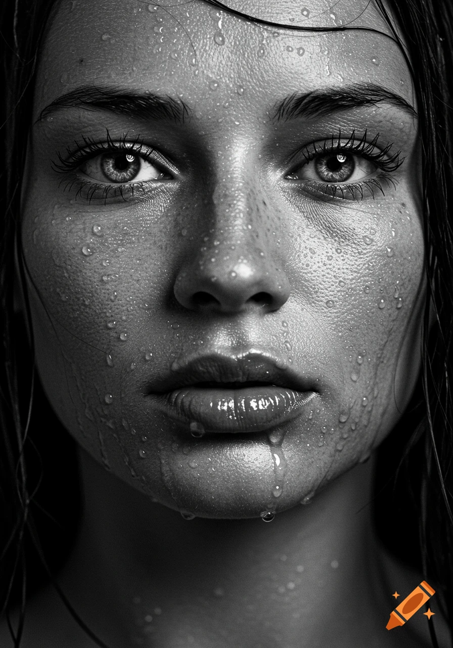 Black and white hyper-realistic portrait of a woman's face covered in water droplets.