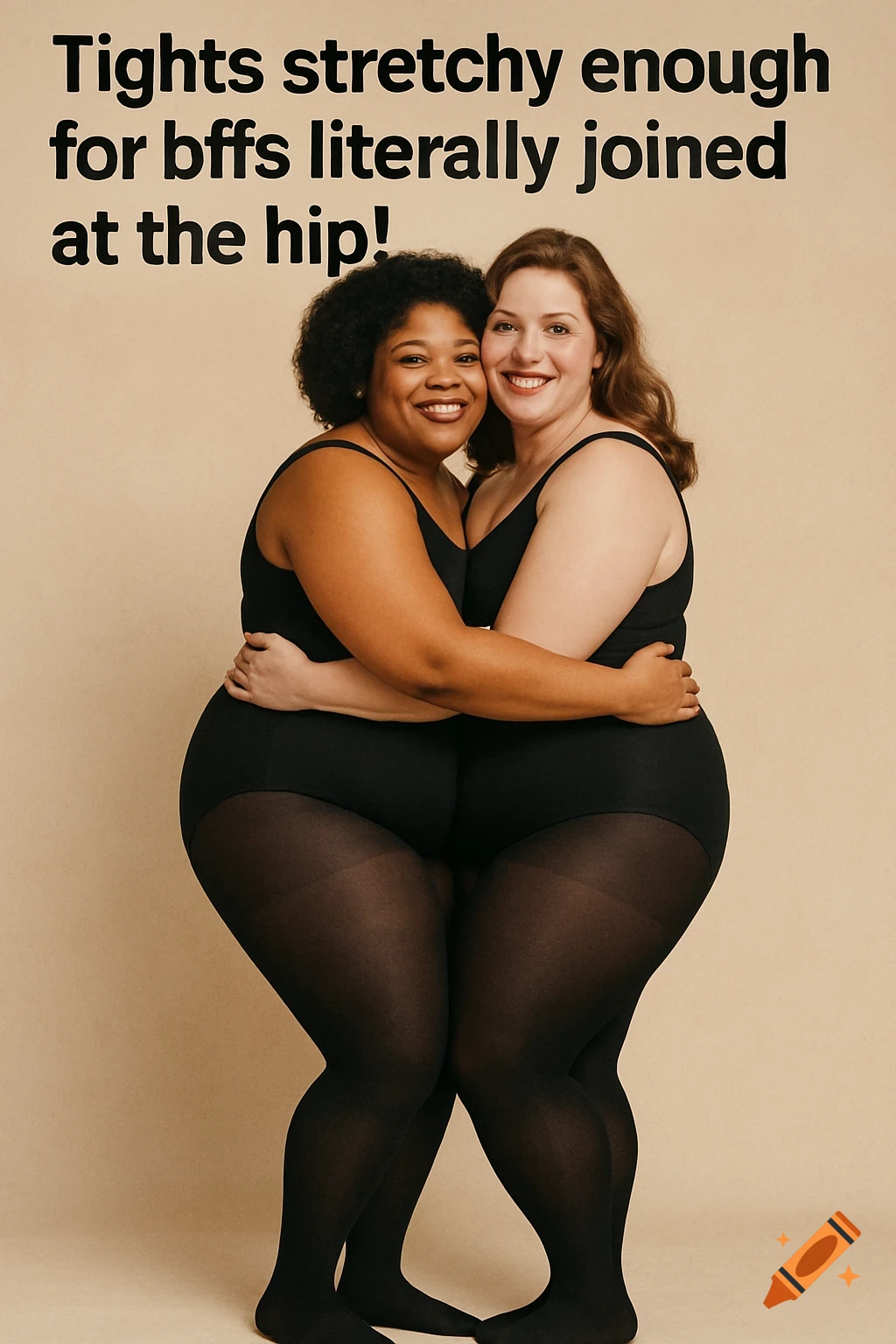 Two plus-size women wearing black tights and leotards embrace, creating an illusion of being joined at the hip. Text reads: Tights stretchy enough for bffs literally joined at the hip!