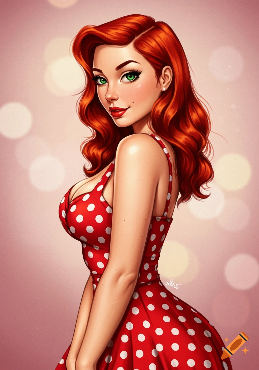 Illustration of a red-haired pin-up woman in a red polka dot dress.