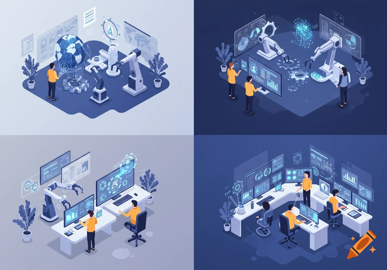 Four isometric illustrations showing people working with AI, robots, computers, and data interfaces in futuristic tech settings.