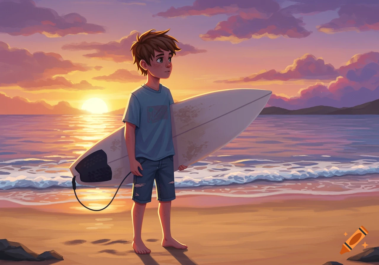 Illustrated teen boy with a surfboard on a beach at sunset.