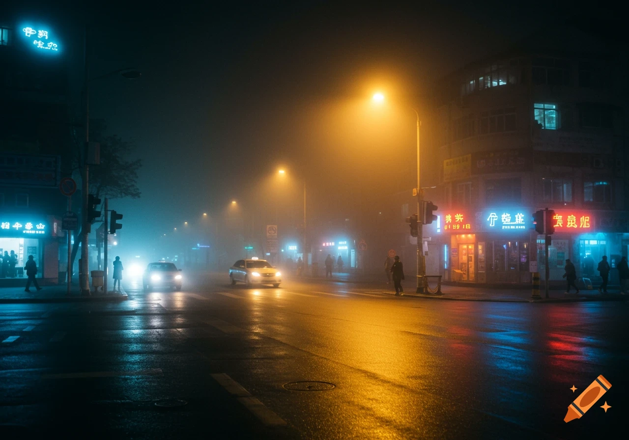 A dimly lit, foggy city street at night with neon signs, cars, and pedestrians on a wet road.