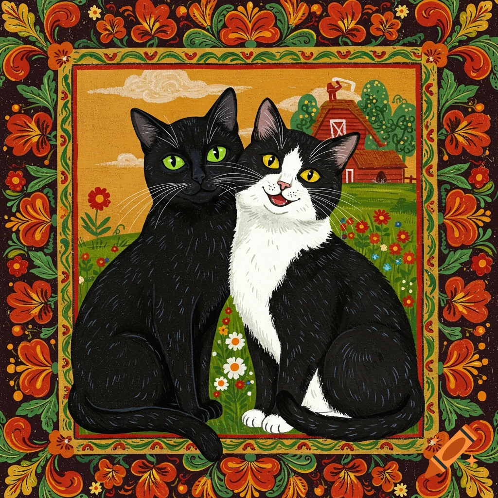 Two cats, one black, one tuxedo, in a folk art style frame with a farm in the background.