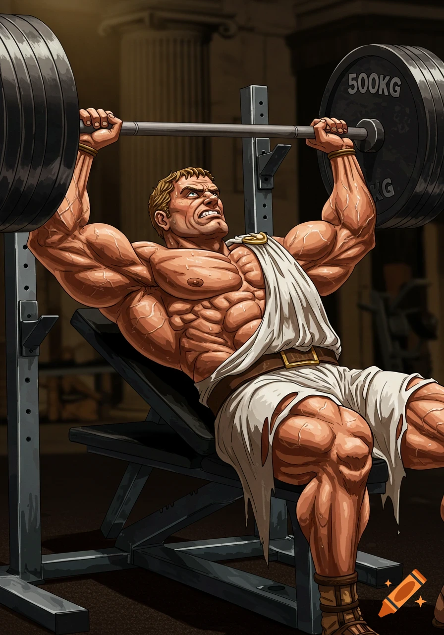 Highly muscular Julius Caesar bench pressing 500kg in an illustrated style.