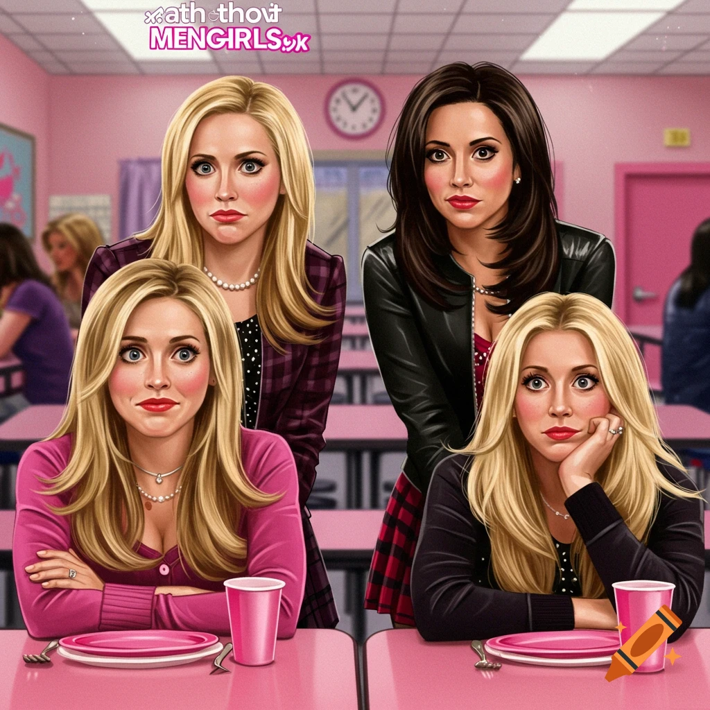 Illustration of four women sitting at a pink table in a cafeteria, in a style resembling the movie Mean Girls.