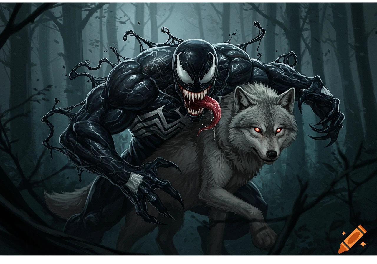 Venom entity merging with a grey wolf in a dark forest, digital illustration.