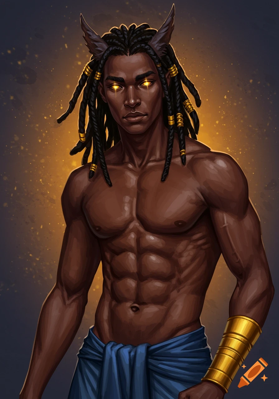 Fantasy portrait of a dark-skinned male character with braided hair, glowing eyes, and animal ears, wearing blue cloth and gold band.
