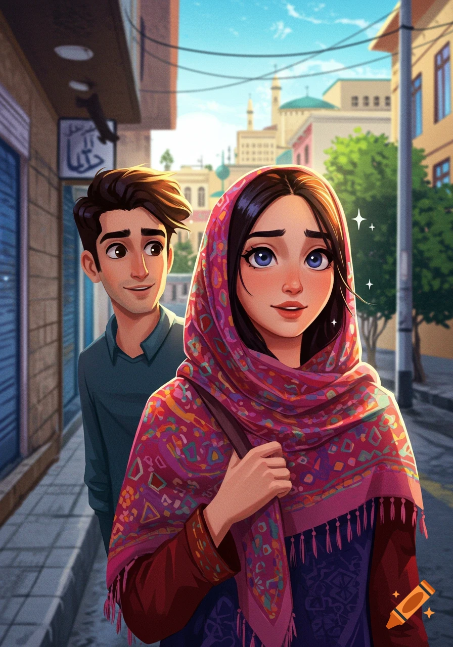 An animated illustration of a man looking at a woman wearing a colorful headscarf while walking on a street.