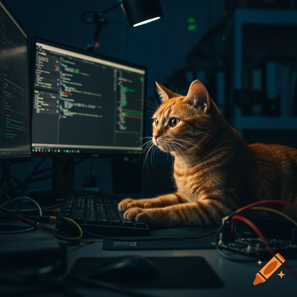 An orange tabby cat sits at a keyboard looking at code on dual computer monitors.