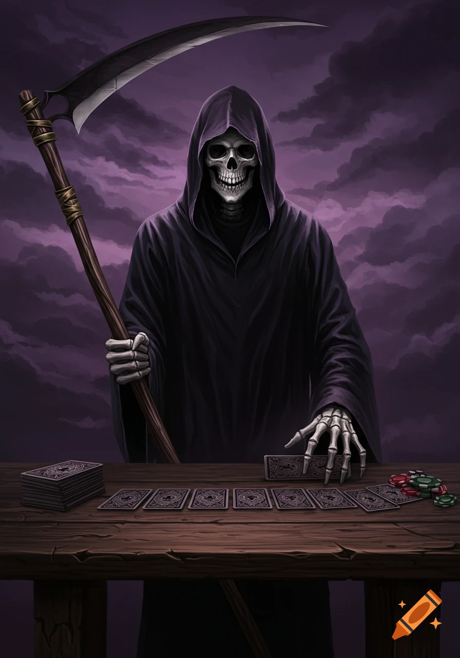 The Grim Reaper playing cards at a wooden table