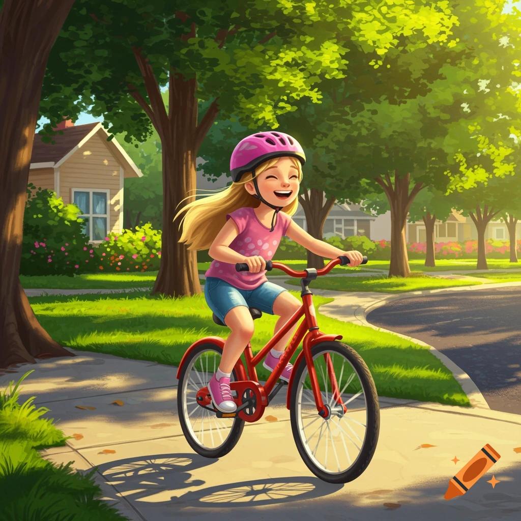 An illustration of a smiling girl riding a red bicycle on a sidewalk in a sunny neighborhood.