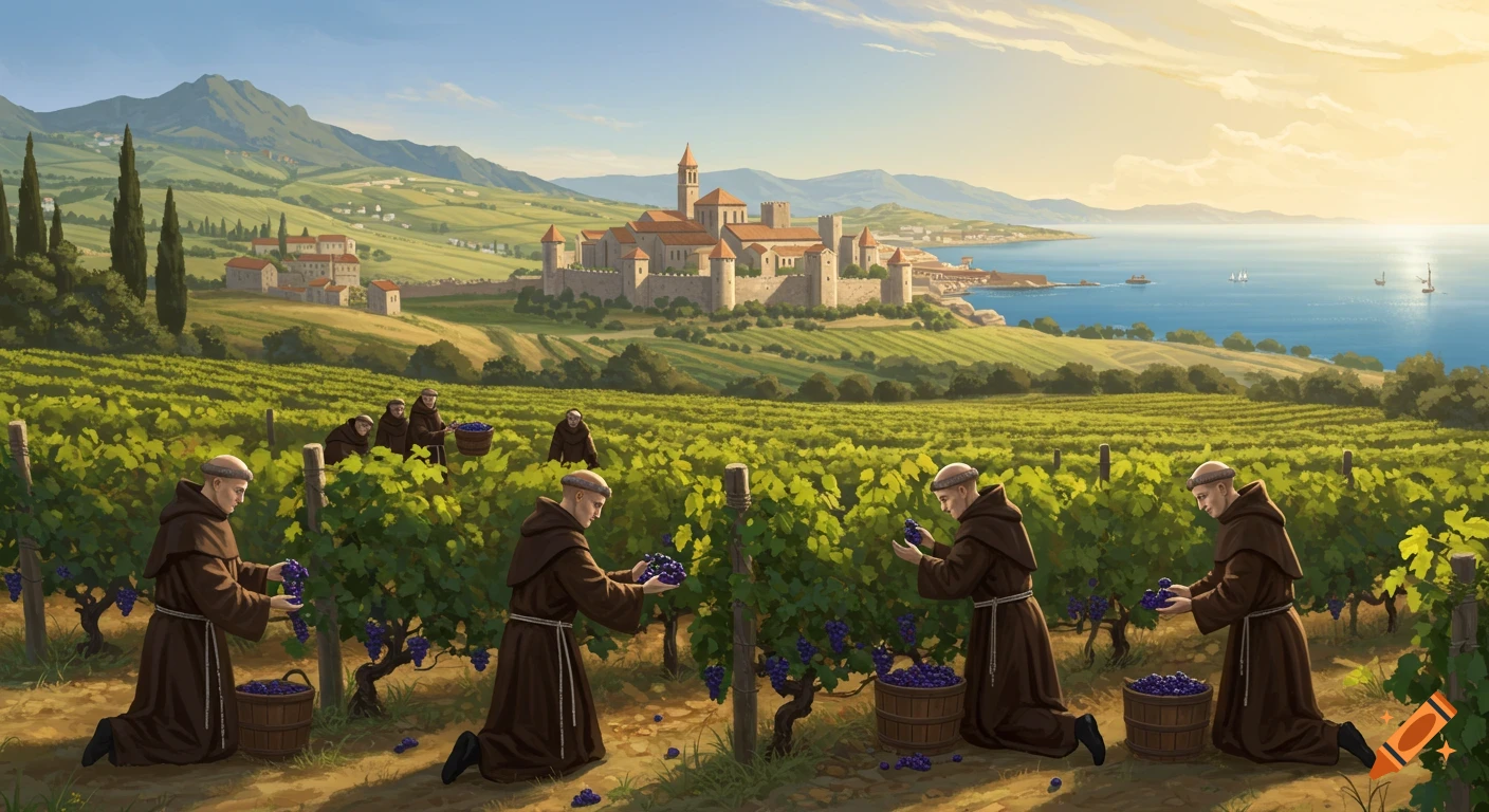 Medieval monks harvest grapes in a sunny vineyard by the Mediterranean coast near a castle.