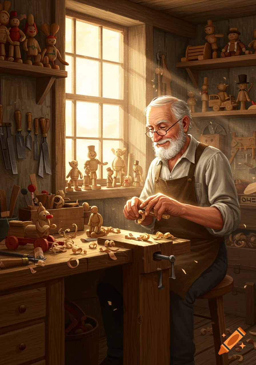 An old man carves a wooden toy at a workbench in a sunlit workshop filled with wooden toys.