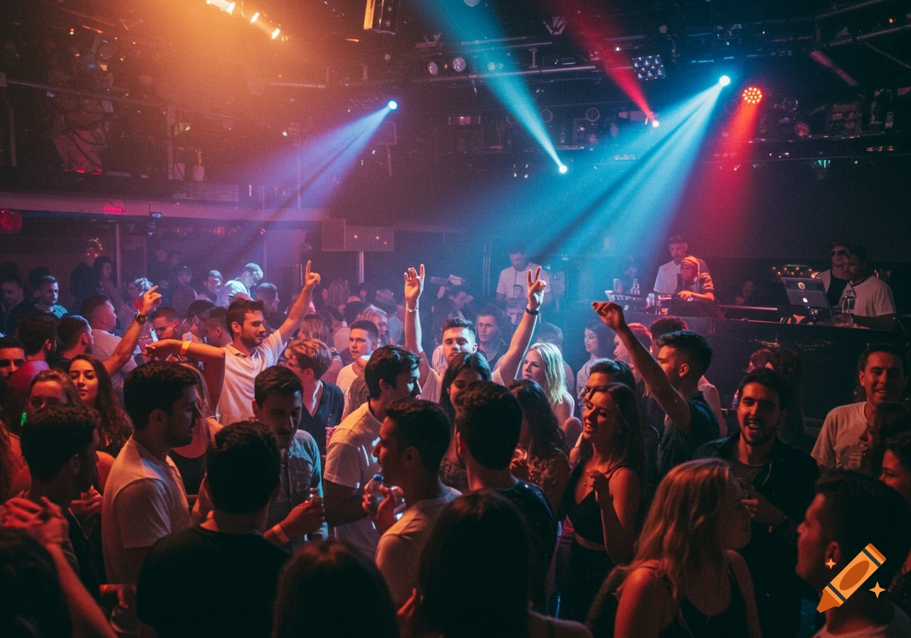 Crowded dance floor with people raising their hands under club lights