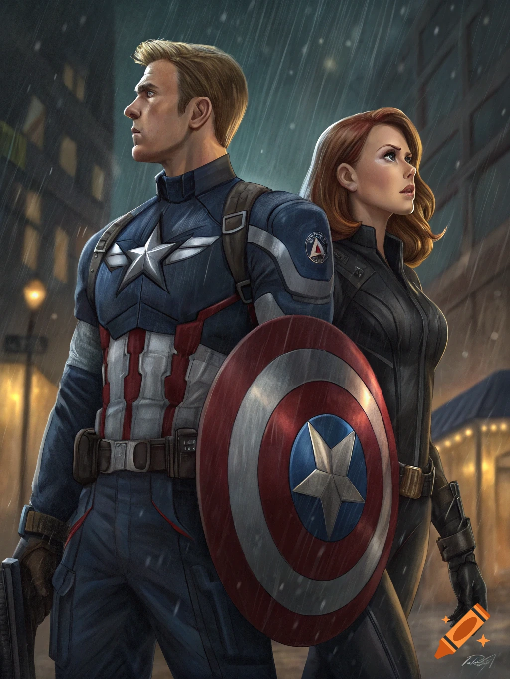 Illustration of Captain America and Black Widow standing back-to-back in the rain