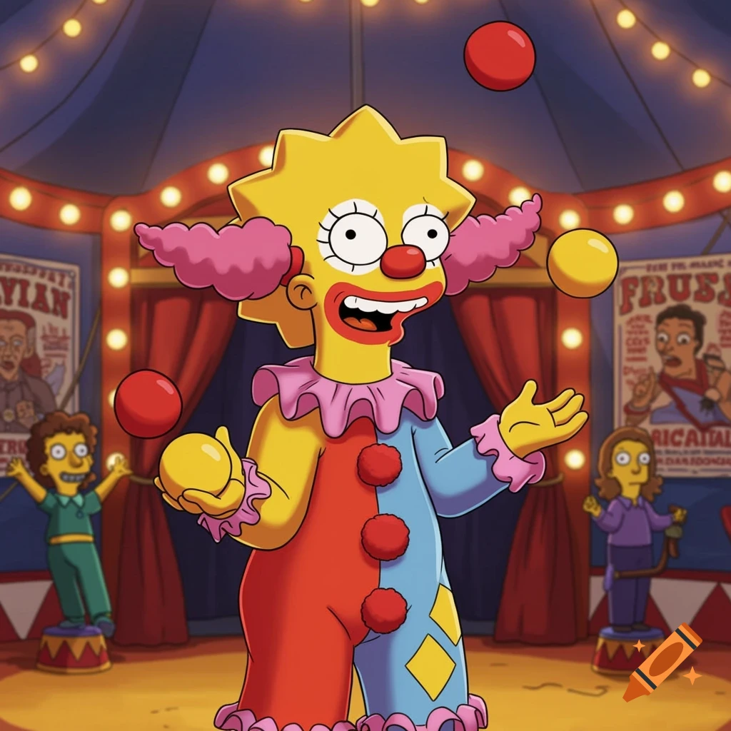 Lisa Simpson dressed as a clown juggling balls in a circus tent, cartoon style.