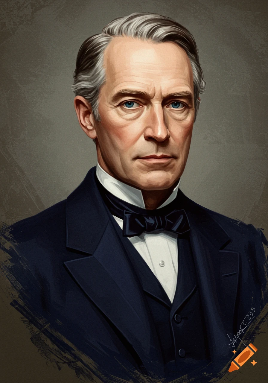 Illustrated portrait of a man in a dark suit and bow tie