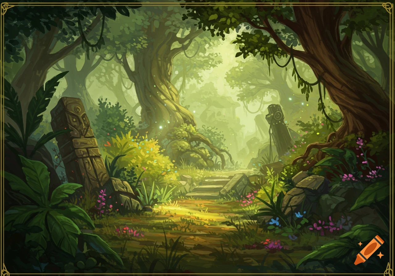 Fantasy landscape painting of ancient ruins in a sunny, lush forest path.