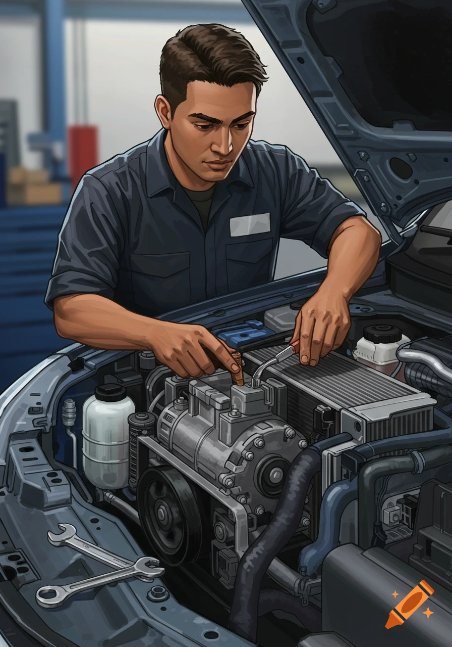 An illustration of a mechanic working on a car engine.
