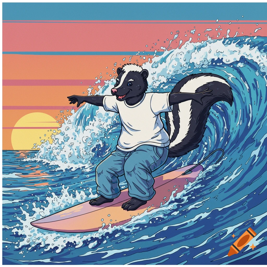 Cartoon skunk surfing a wave at sunset.