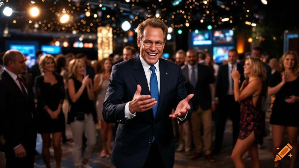 Man in a suit smiles at a party on what appears to be a television set, surrounded by blurred people.