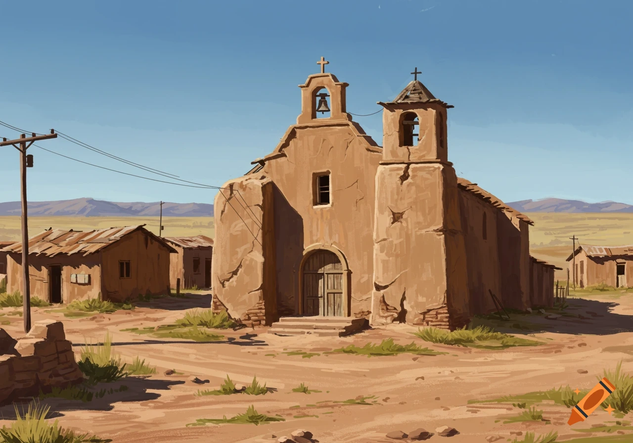 An illustration of a dilapidated adobe church standing in a small desert settlement under a clear sky.