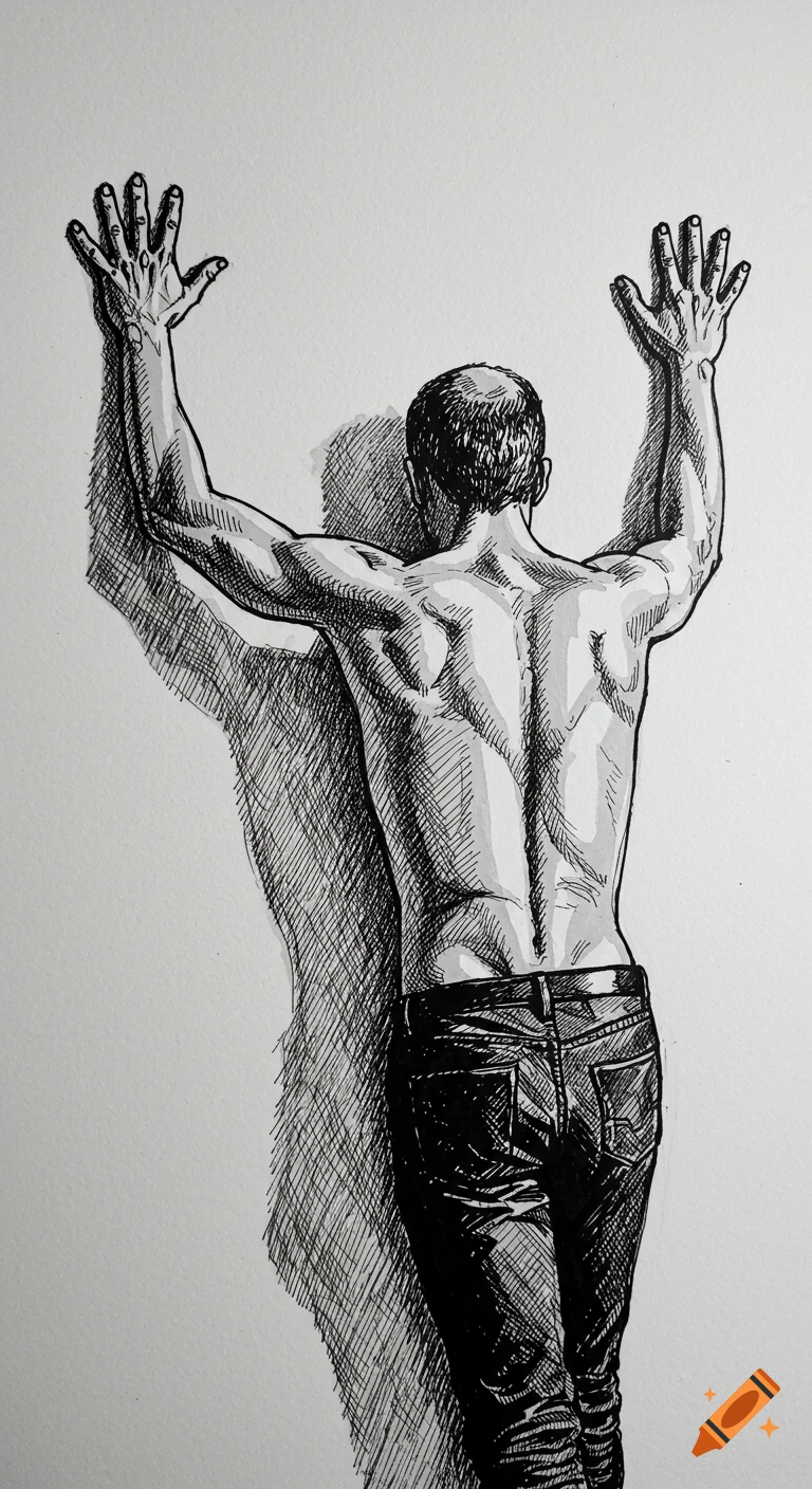 Ink sketch of a man's back, shirtless, leaning against a wall with hands up.