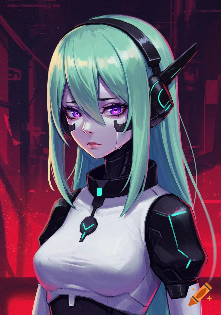 Anime style portrait of a cyborg girl with green hair, purple eyes, and headphones in a dark cyberpunk setting.