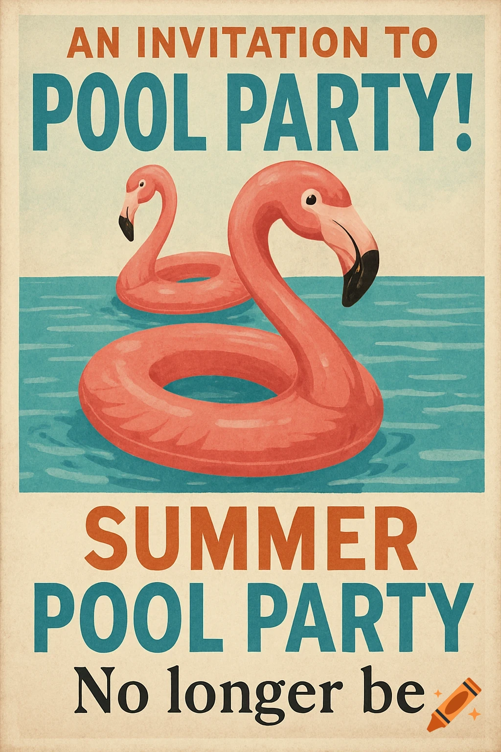 Vintage style poster for a summer pool party featuring two flamingo pool floats on blue water with text.
