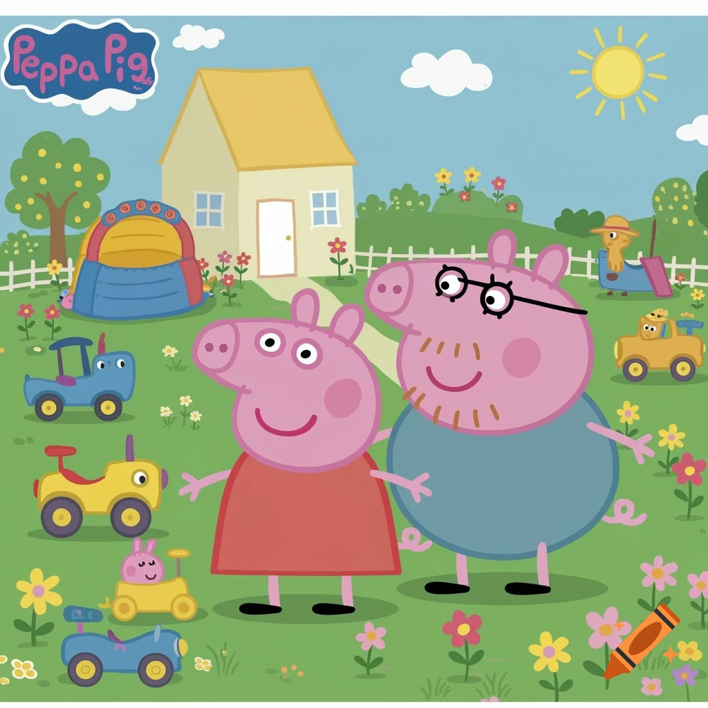 Cartoon illustration of Peppa Pig and Daddy Pig standing in a sunny garden with toys and a house.