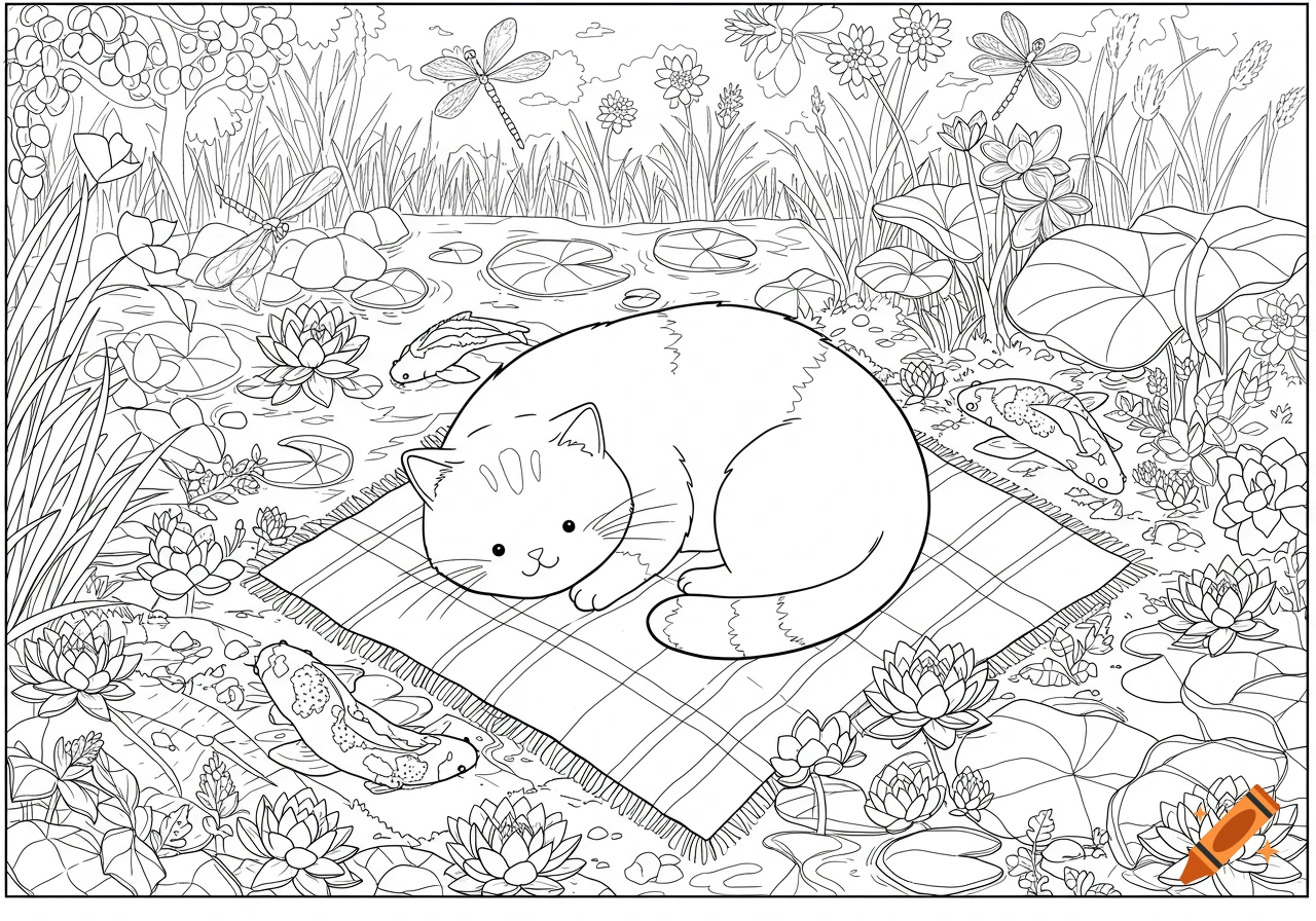 Line art coloring page of a cat on a blanket by a pond with lily pads, dragonflies, and flowers.