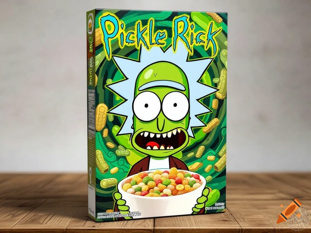Cereal box featuring Pickle Rick holding a bowl of colorful cereal