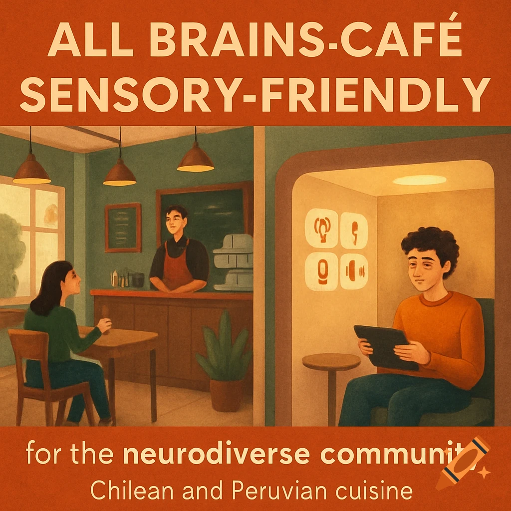 Illustration of a sensory-friendly cafe interior with people and text advertising All Brains Cafe and its features.
