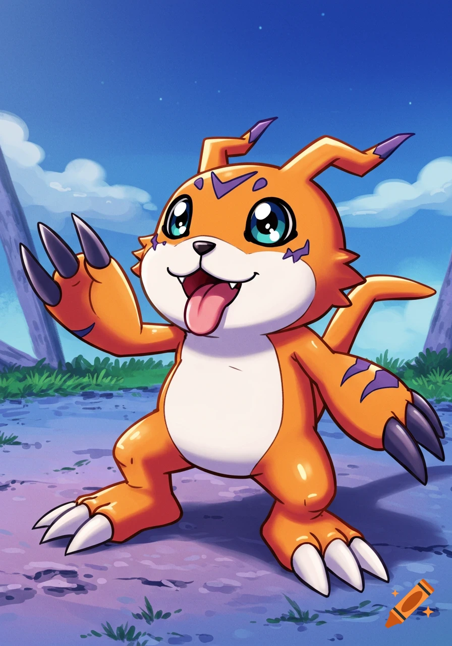 Guilmon from Digimon sticking its tongue out in classic anime style