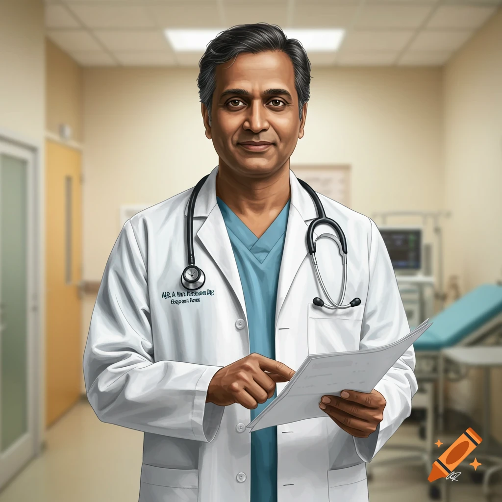 Illustration of a male doctor in a white coat and stethoscope holding papers in a hospital