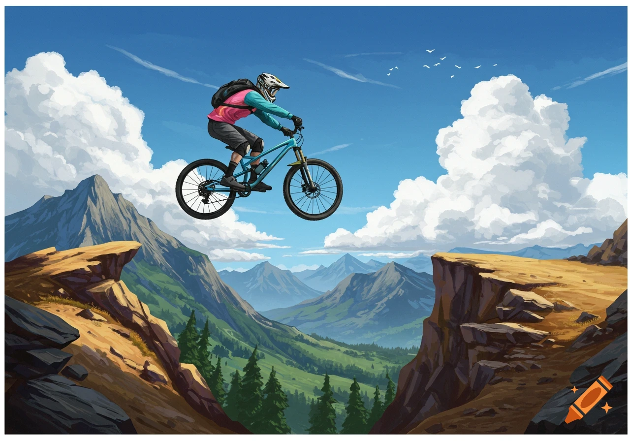 Stylized illustration of a mountain biker jumping a gap between cliffs over a mountain valley