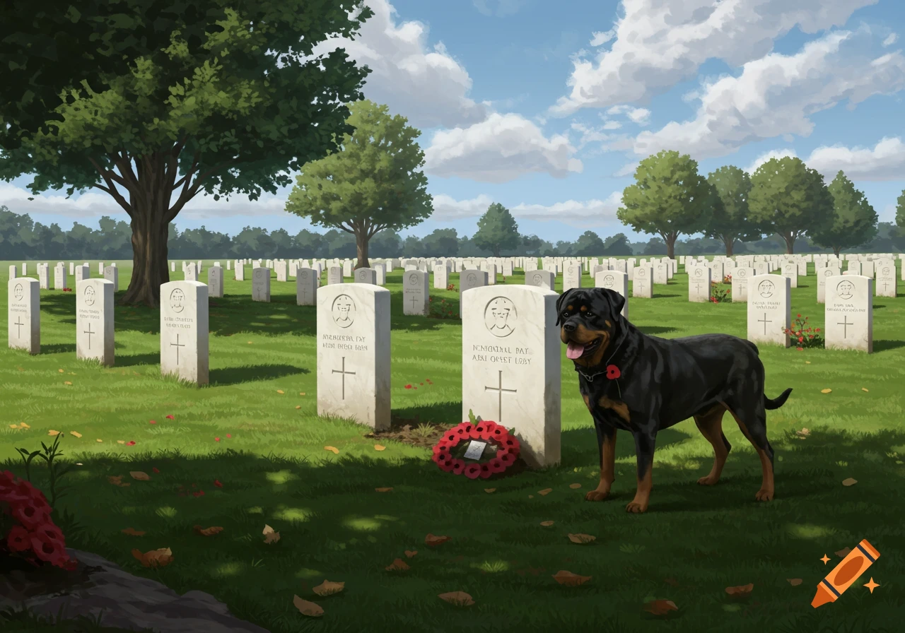 A rottweiler stands in a military cemetery with gravestones and a poppy wreath. Digital painting.