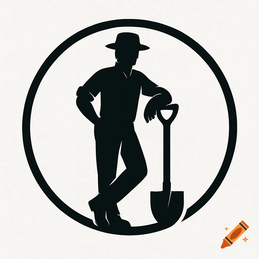 Black silhouette logo of a man leaning on a shovel within a circle.
