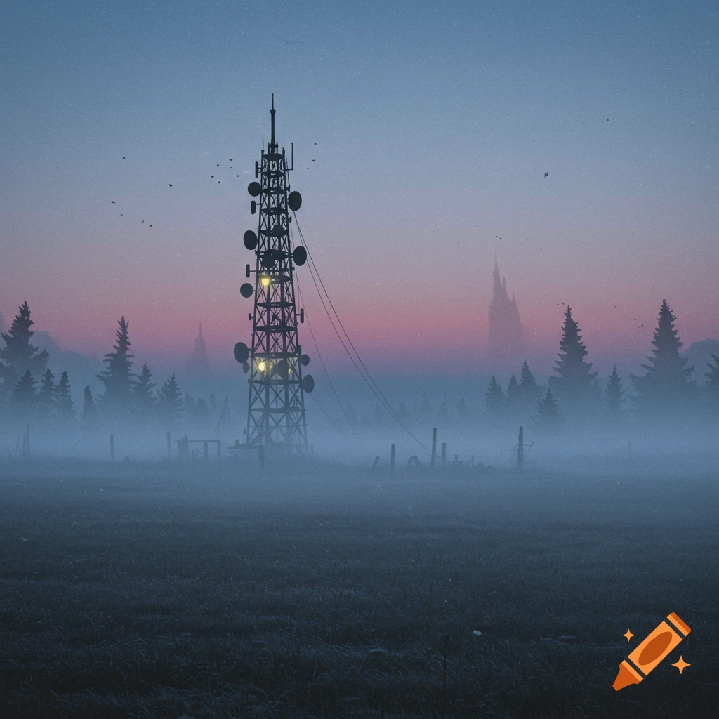 Eerie landscape at dusk with a radio tower in fog.