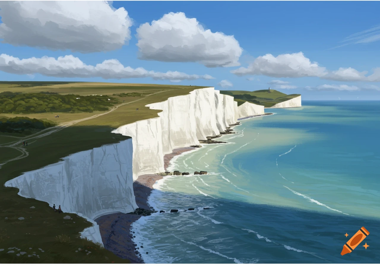 Painterly view of white cliffs by the sea under a cloudy sky.