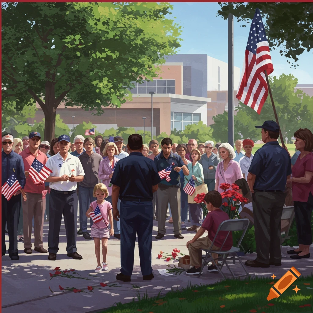 A diverse group of people holding American flags at an outdoor memorial event.