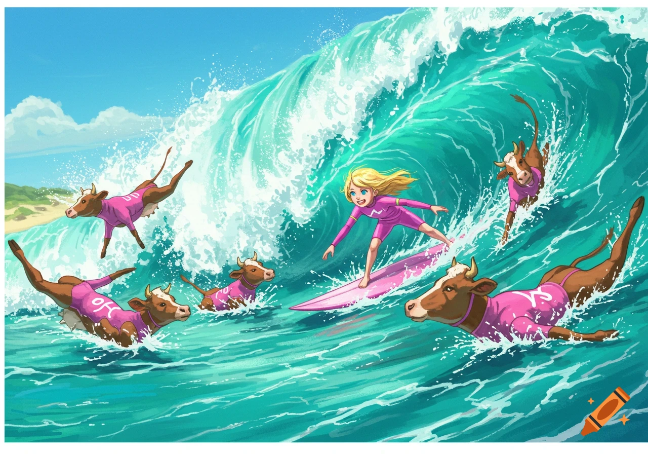 Blonde girl surfing a wave with cows in matching pink outfits swimming nearby, illustration style.