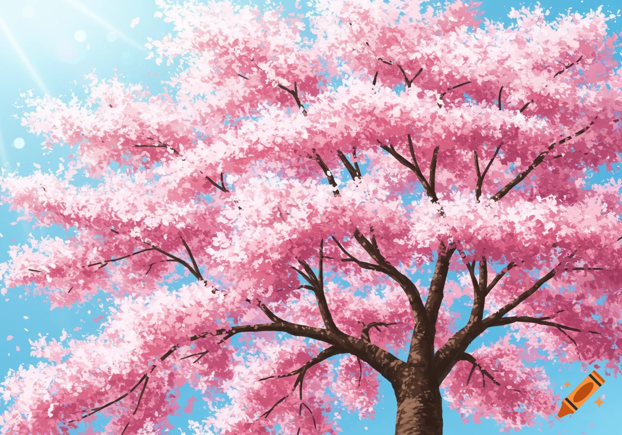 A close-up of a pink cherry blossom tree against a blue sky, anime style.