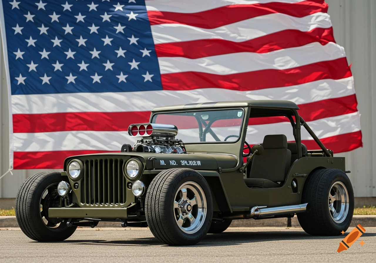 An olive green military Jeep hot rod parked in front of a large American flag.