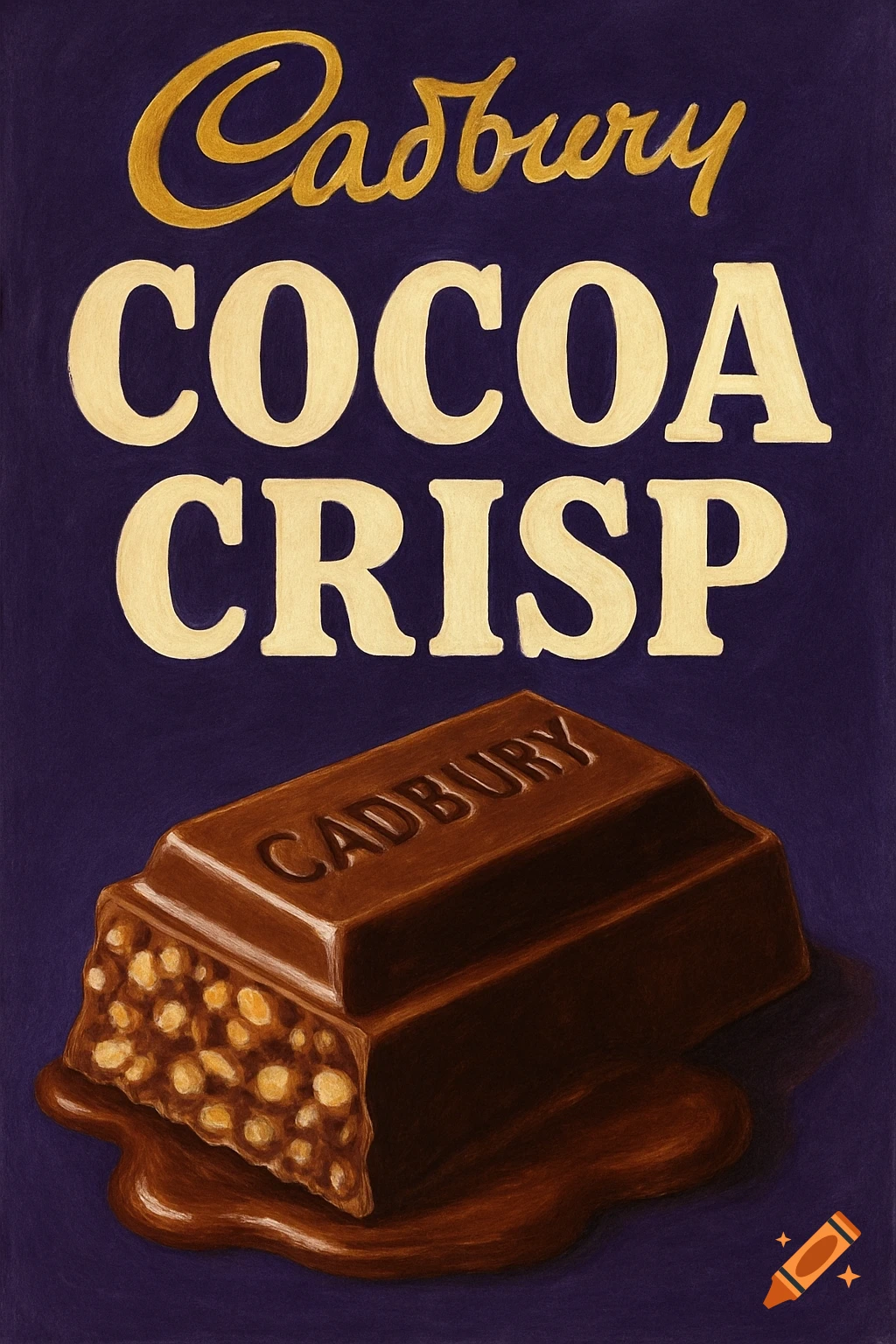 Illustration of a Cadbury Cocoa Crisp chocolate bar on a purple background.