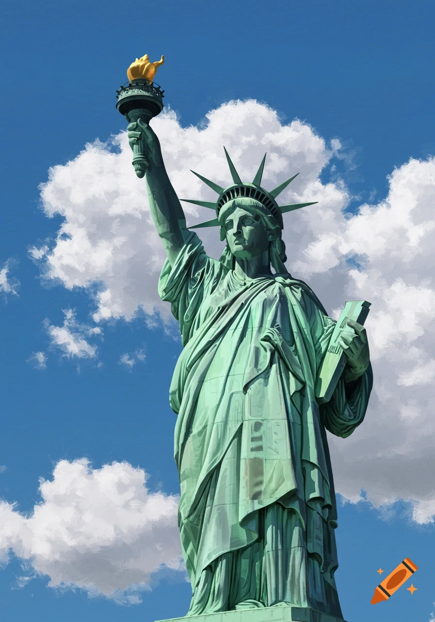 Painting of the Statue of Liberty holding her torch and tablet against a blue sky with white clouds.