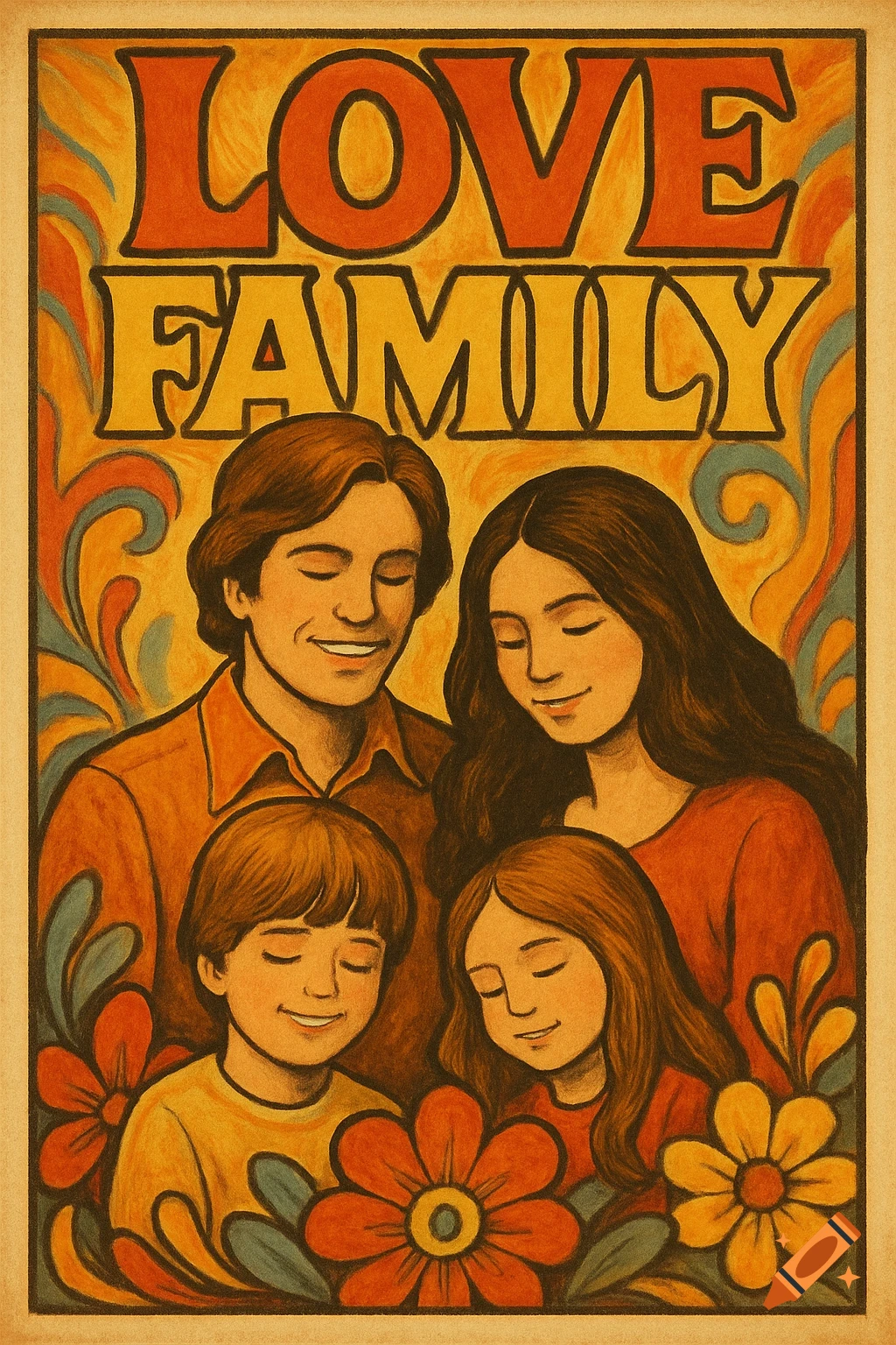 A 1970s style poster depicting a family surrounded by flowers with the words LOVE FAMILY at the top.